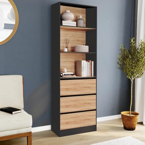 IDMarket Étagère bibliothèque Carla 3 niveaux 3 tiroirs Noir et Effet Bois Parfaite pour la chambre à coucher et la sall