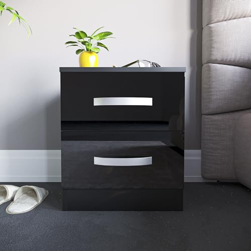 Vida Designs Table de chevet brillante noire avec 2 tiroirs pour chambre