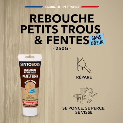 SINTO Pâte à Bois Sans Odeur pour Réparer Petits Trous dans le Chêne Clair - Séchage Rapide 4h - Usage Intérieur/Extérie