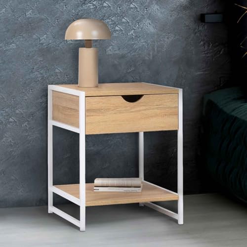 IDMarket - Tables de Chevet Industrielles en Bois & Métal Blanc avec Tablette et Tiroir Lot de 2 Meubles de Chambre Élég
