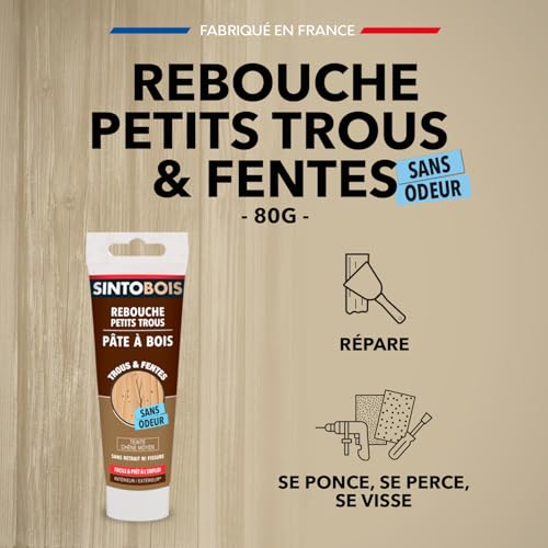 SINTOBOIS - Rebouche Petits Trous - Pâtes à Bois Sans Odeur - Sec en 4h - Ne se Rétracte pas - 80 g