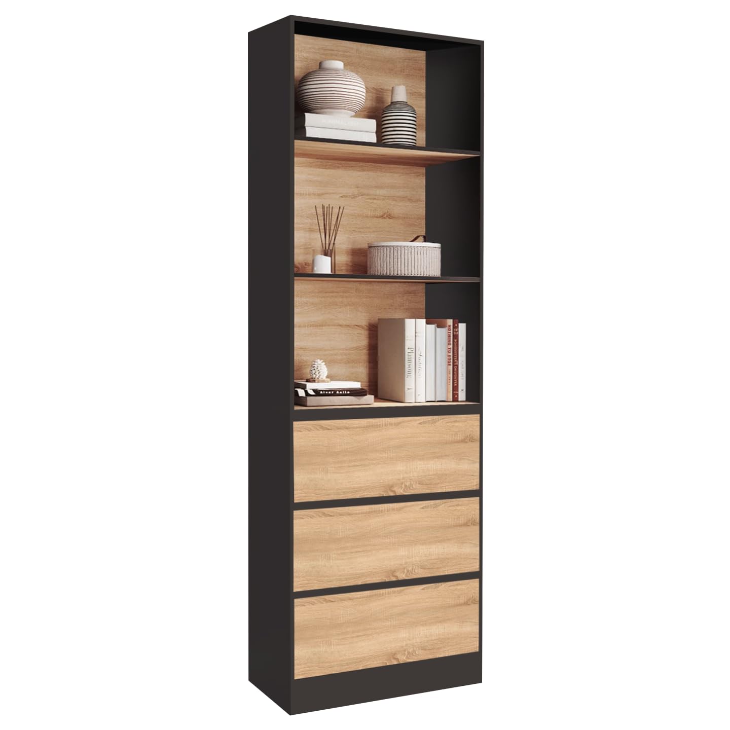 IDMarket Étagère bibliothèque Carla 3 niveaux 3 tiroirs Noir et Effet Bois Parfaite pour la chambre à coucher et la sall