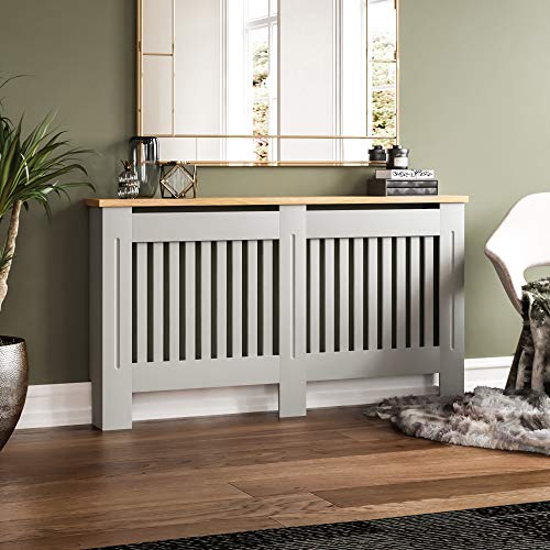 Vida Designs Cache-radiateur Moderne Gris MDF + Étagère Supérieure en Bois Grand pour Salon Élégant