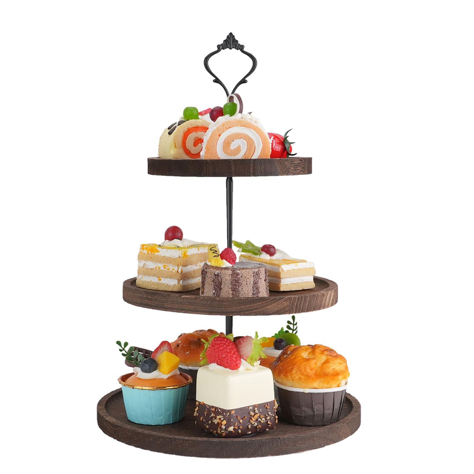 TIE-DailyNec Présentoir à Gâteaux 3 Étages en Bois pour Les Mariages et Fêtes D'anniversaire, Présentoir Rond avec Poign