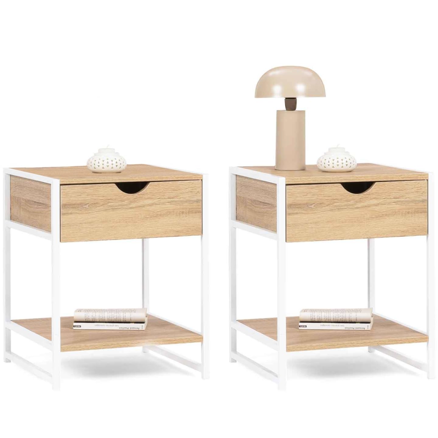 IDMarket - Tables de Chevet Industrielles en Bois & Métal Blanc avec Tablette et Tiroir Lot de 2 Meubles de Chambre Élég
