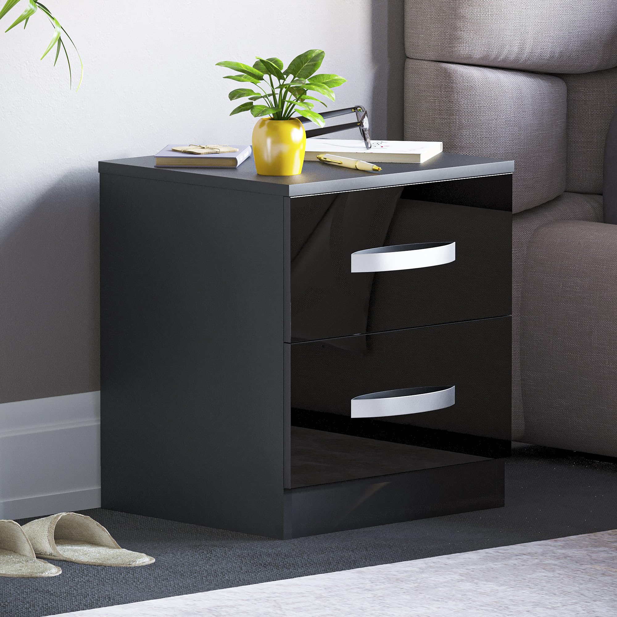 Vida Designs Table de chevet brillante noire avec 2 tiroirs pour chambre